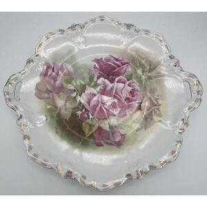 Leuchtenburg Germany / Handled Serving Plate Gold Accents Beautiful Roses EUC